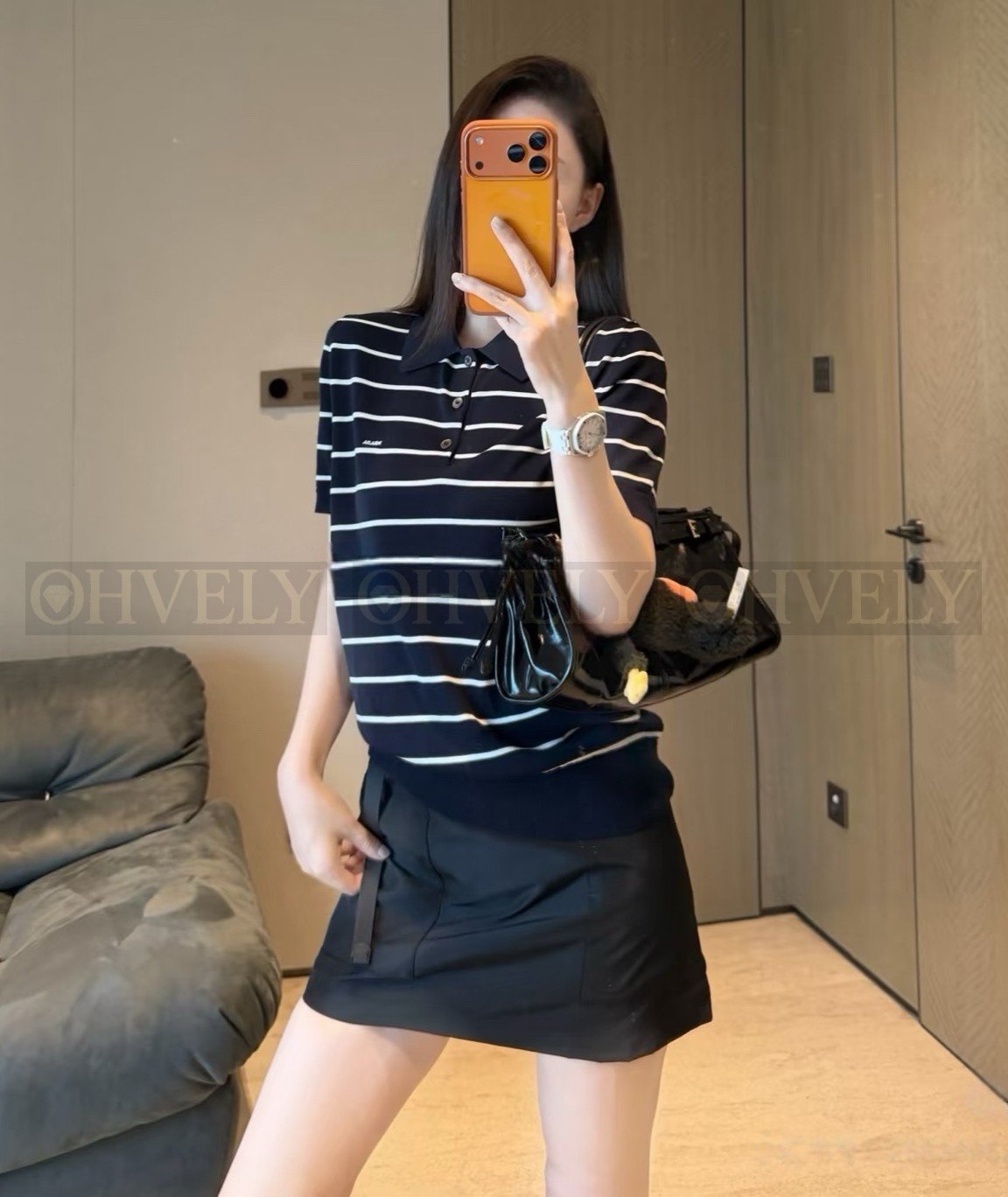 프라다 네이비 화이트 스트라이프 니트 폴로 반팔 티셔츠
